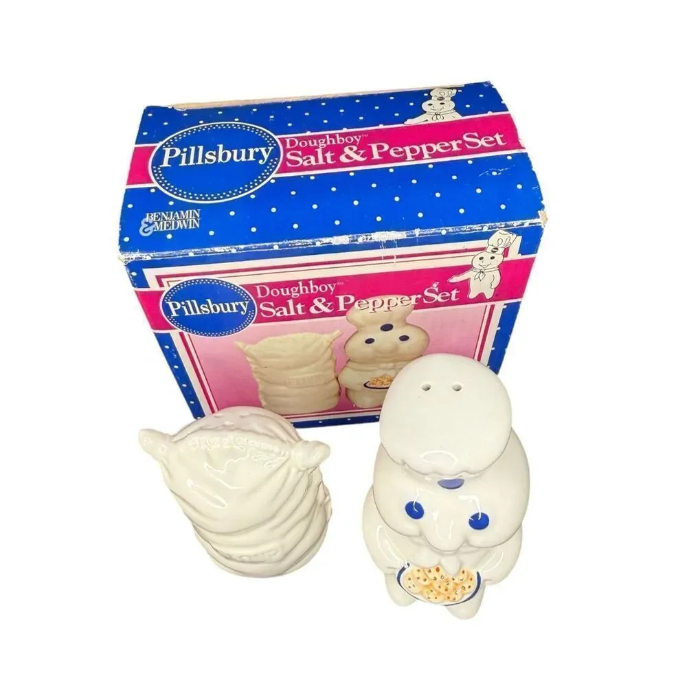 Vintage Pillsbury Doughboy & Flour Sack Ceramic‎ Salt & Pepper Shakers 1998 NEW